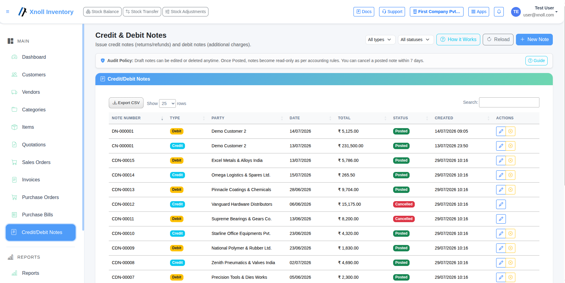 Credit & Debit Notes - Xnoll Inventory Cloud App